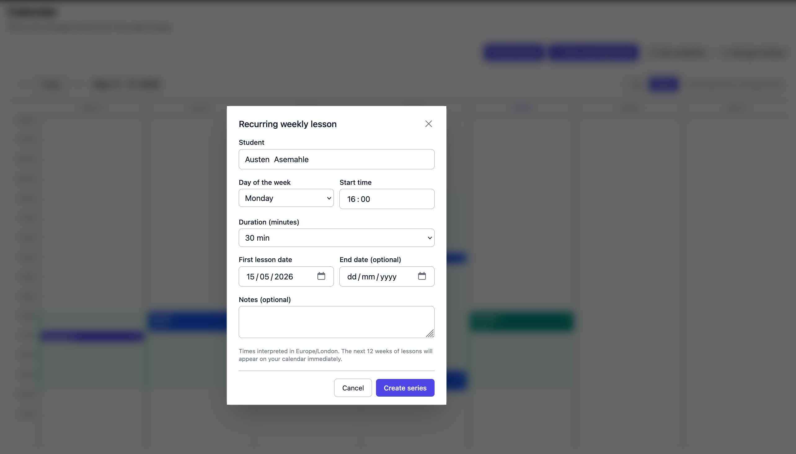Book recurring lessons for students